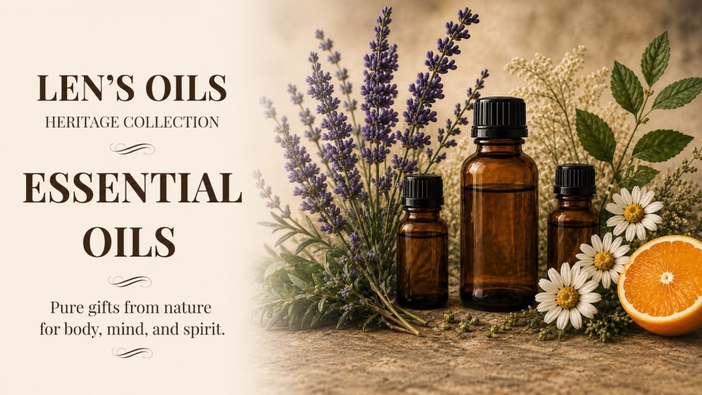 Essential Oils Heritage Collection cover featuring amber essential oil bottles surrounded by lavender, chamomile flowers, green herbs, and a sliced orange.