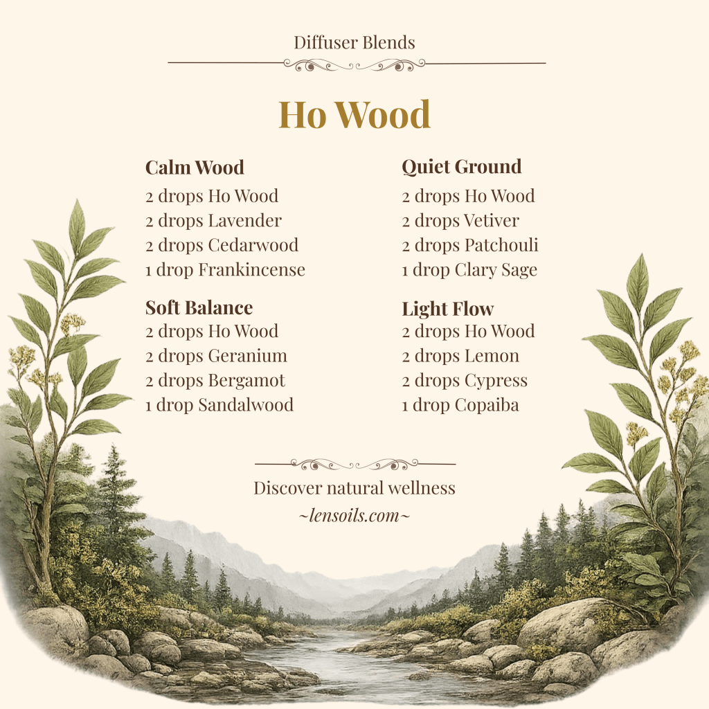 Diffuser Blends recipe card featuring four Ho Wood diffuser blend recipes with botanical illustrations, woodland foliage, and a peaceful mountain stream landscape.