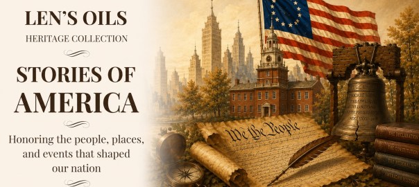 Len's Oils Stories of America Heritage Collection cover featuring colonial American imagery and the United States flag.