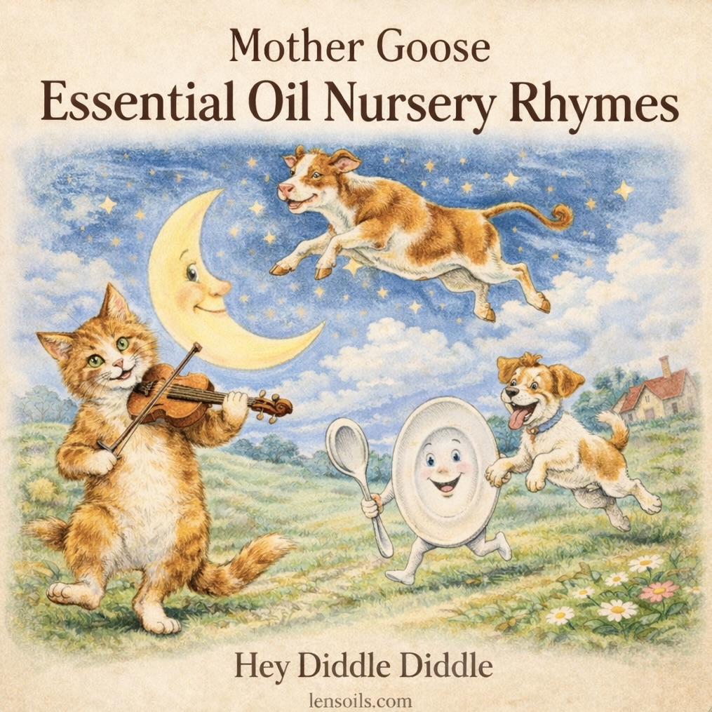 Mother Goose Essential Oil Nursery Rhymes illustration of a cat playing a fiddle, a cow jumping over the moon, a laughing dog, and a dish with a spoon.