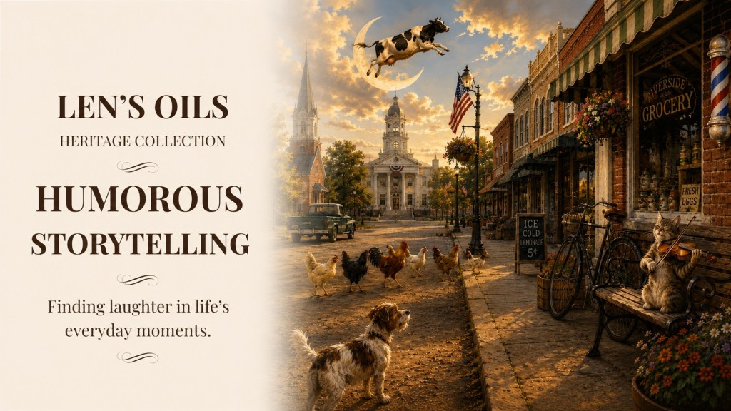 Humorous Storytelling Heritage Collection cover featuring a charming small-town Main Street with historic storefronts, playful animals, and whimsical details.